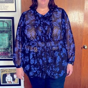 Torrid 6X, 6 Swiss dot chiffon floral long sleeve peplum top.